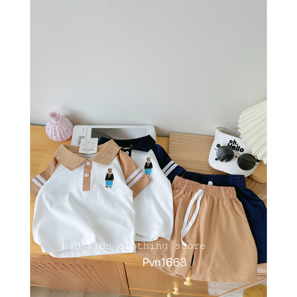 Bộ cộc tay, cổ trụ bé trai, vải cotton tàu co giãn, thoáng mát, thêu hình gấu dễ thương