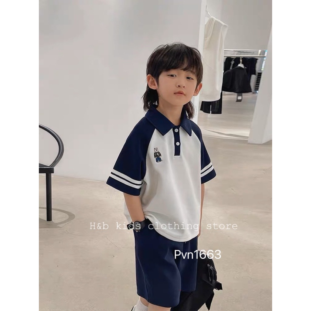 Bộ cộc tay, cổ trụ bé trai, vải cotton tàu co giãn, thoáng mát, thêu hình gấu dễ thương