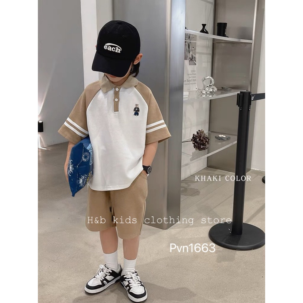 Bộ cộc tay, cổ trụ bé trai, vải cotton tàu co giãn, thoáng mát, thêu hình gấu dễ thương