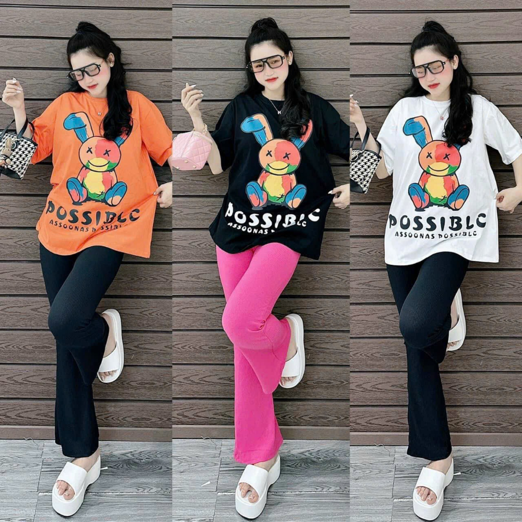 Set bộ thun gân áo from rộng ngắn tay co in hoạ tiết siêu dễ thương mix cùng quần ống loe siêu hack dáng cho mấy nàng