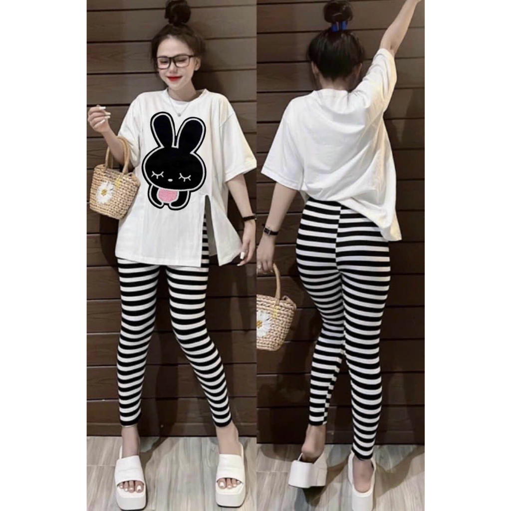 [5,5 Sales Freeship] Set bộ áo thun from rộng in thỏ mix quần ôm dài kẻ sọc,bộ thun from in hình xẻ tà dễ thương mtb
