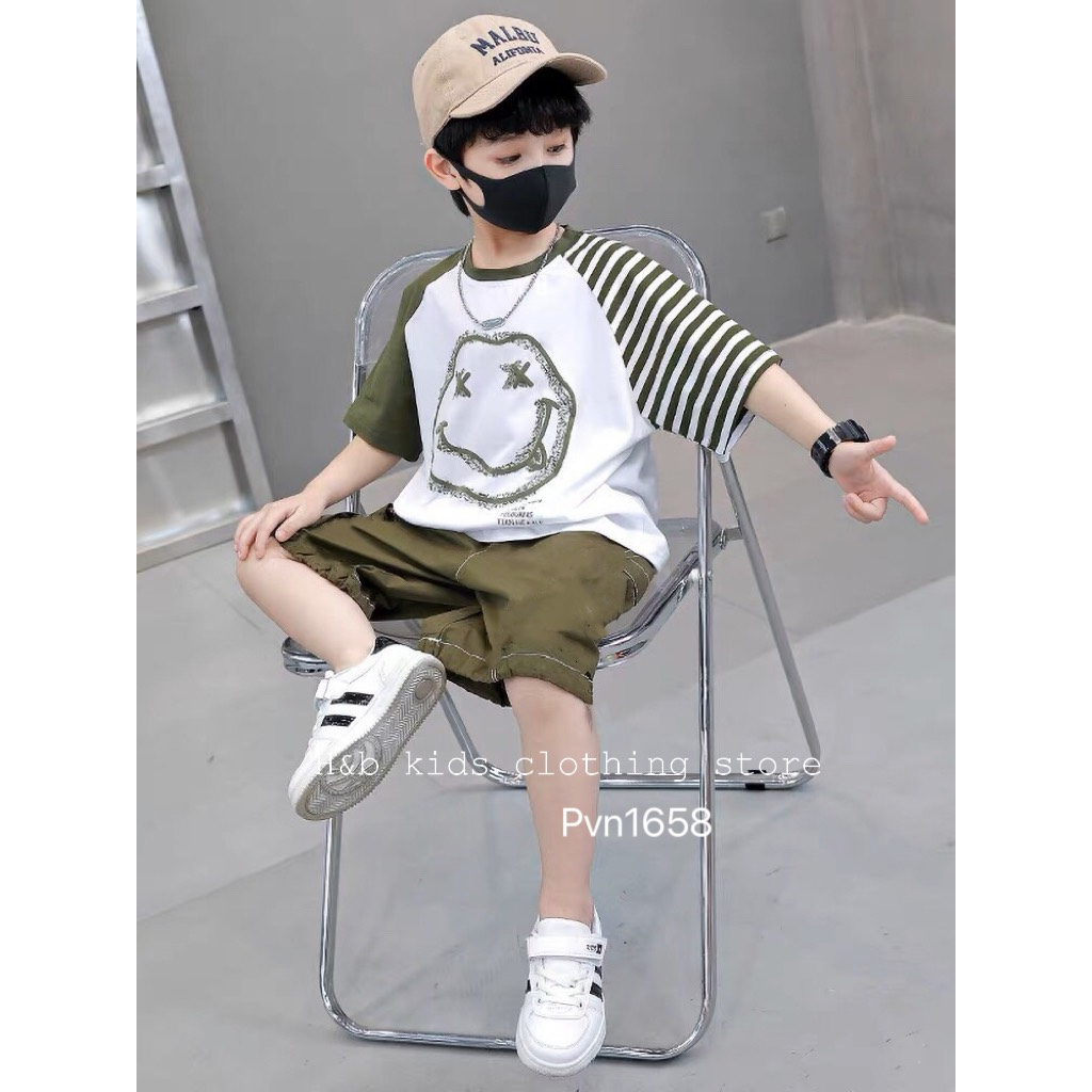 Bộ cộc tay bé trai, vải cotton tàu co giãn, thoáng mát, in hình mặt cười ngộ nghĩnh