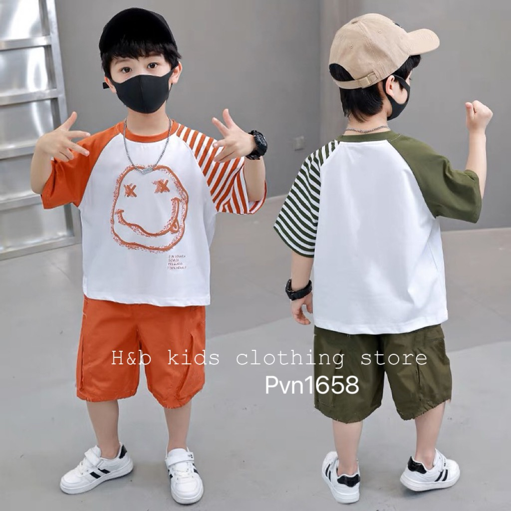 Bộ cộc tay bé trai, vải cotton tàu co giãn, thoáng mát, in hình mặt cười ngộ nghĩnh