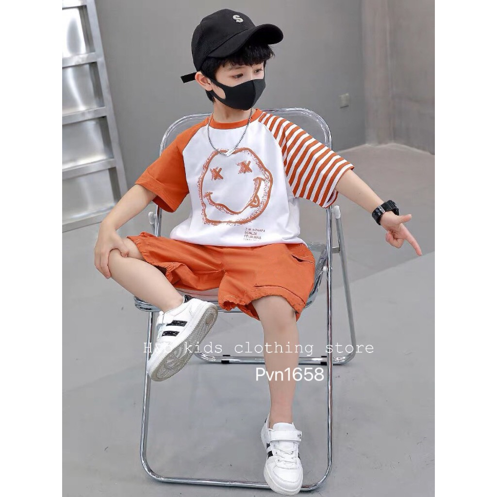 Bộ cộc tay bé trai, vải cotton tàu co giãn, thoáng mát, in hình mặt cười ngộ nghĩnh