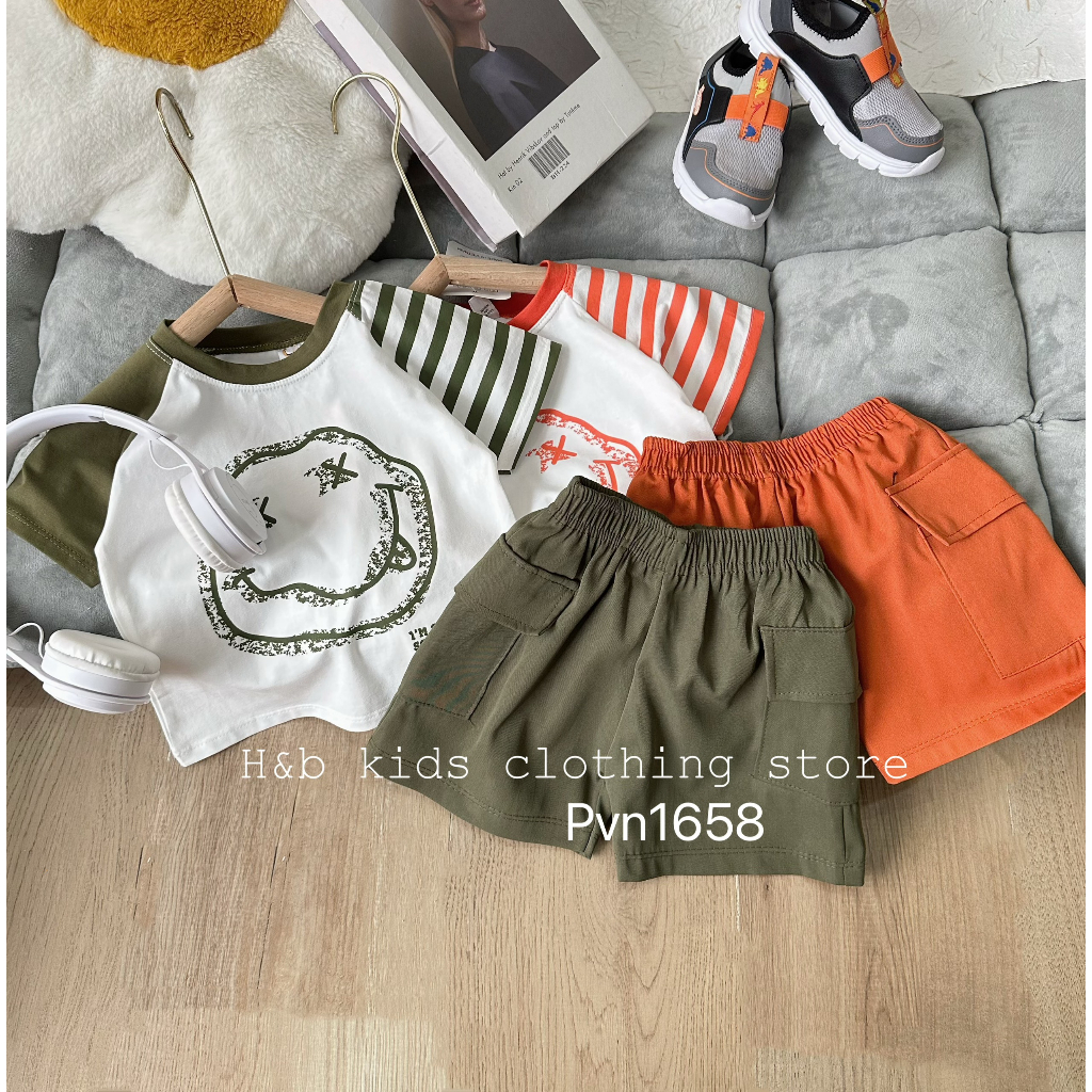 Bộ cộc tay bé trai, vải cotton tàu co giãn, thoáng mát, in hình mặt cười ngộ nghĩnh