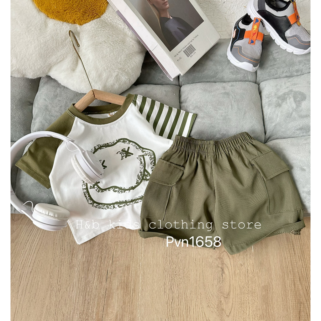 Bộ cộc tay bé trai, vải cotton tàu co giãn, thoáng mát, in hình mặt cười ngộ nghĩnh