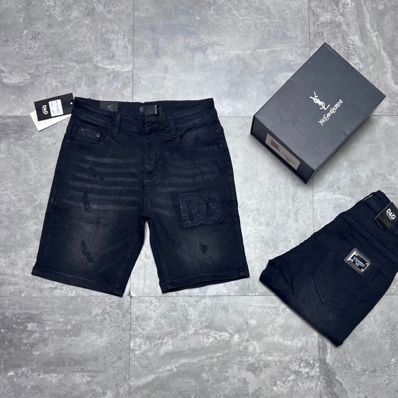 Quần short bò ngố nam Dolce đen mài rách xước thêu chữ logo DG cao cấp