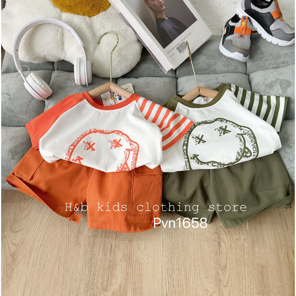 Bộ cộc tay bé trai, vải cotton tàu co giãn, thoáng mát, in hình mặt cười ngộ nghĩnh