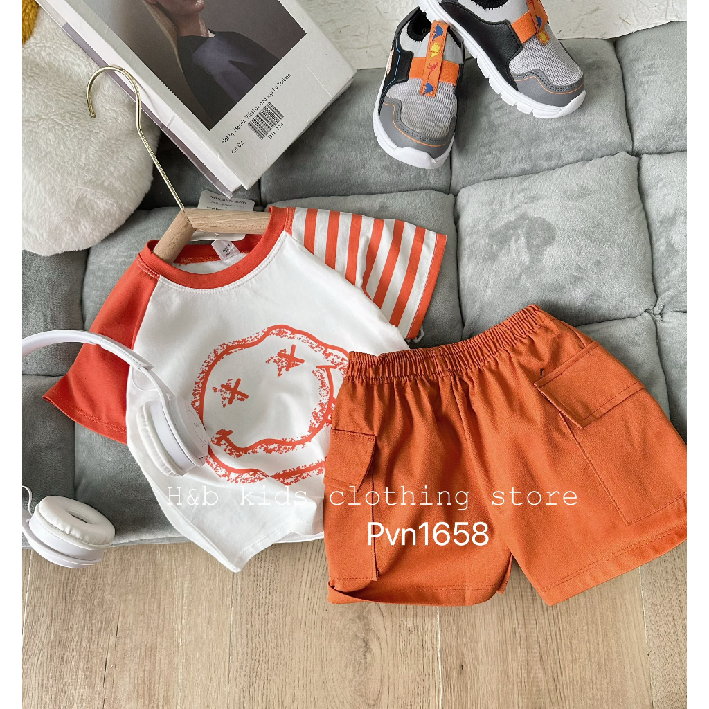 Bộ cộc tay bé trai, vải cotton tàu co giãn, thoáng mát, in hình mặt cười ngộ nghĩnh