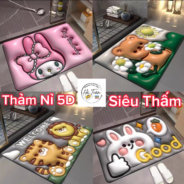 Thảm Lau Chân Nỉ 5D Chữ Nhật Hình Thú Loại 1 , Thảm Chùi Chân Siêu Thấm Giá Sỉ