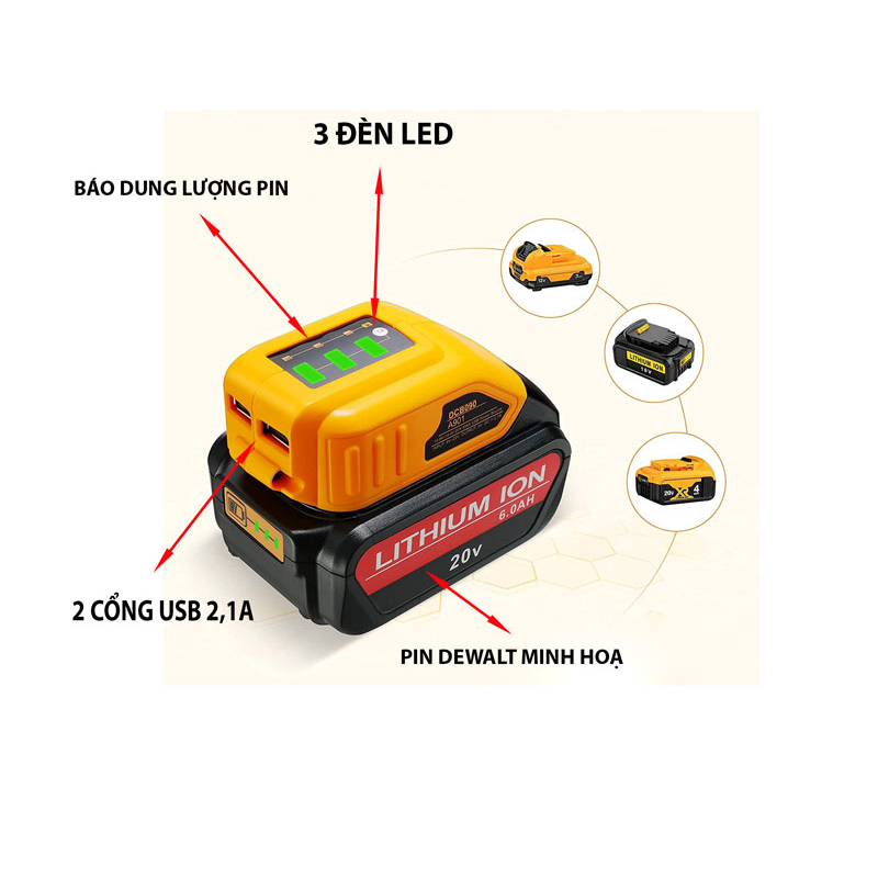 Đế chuyển pin Dewalt 18V sang Usb 5V sạc điện thoại 2.1A có đèn led