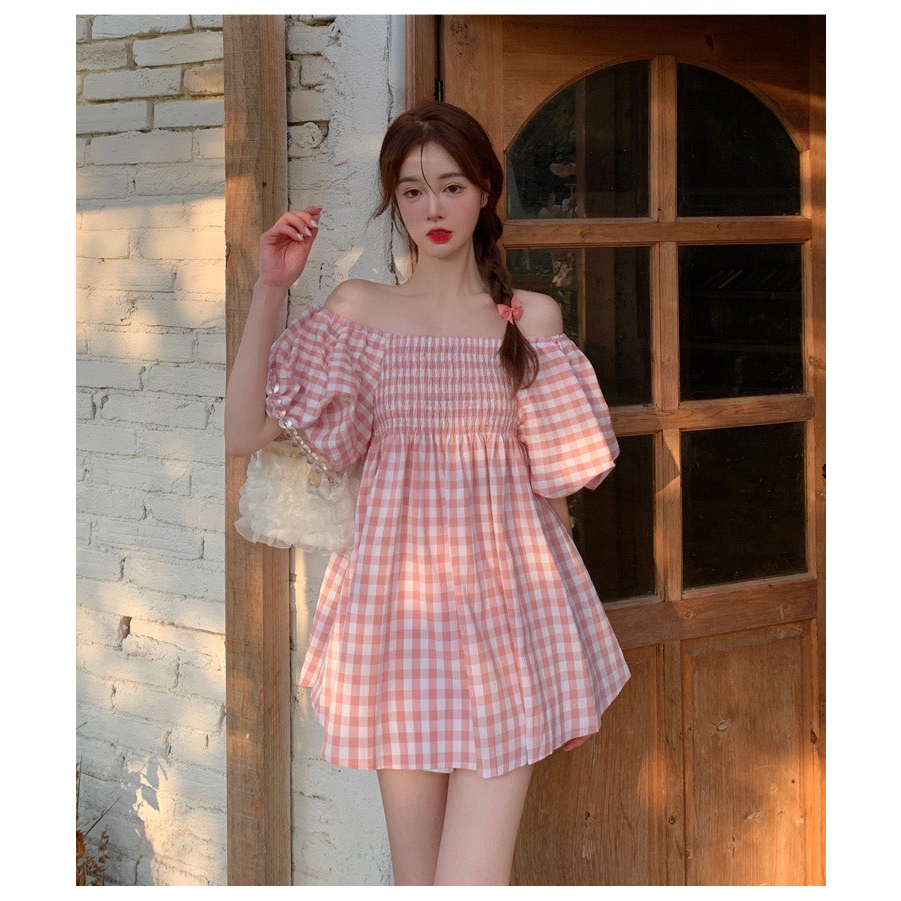 Váy ngắn tay cổ vuông trễ vai tay bồng, Đầm nữ đi chơi kiểu hàn basic kẻ ô vuông thời trang Chouchou Deliz | BigBuy360 - bigbuy360.vn