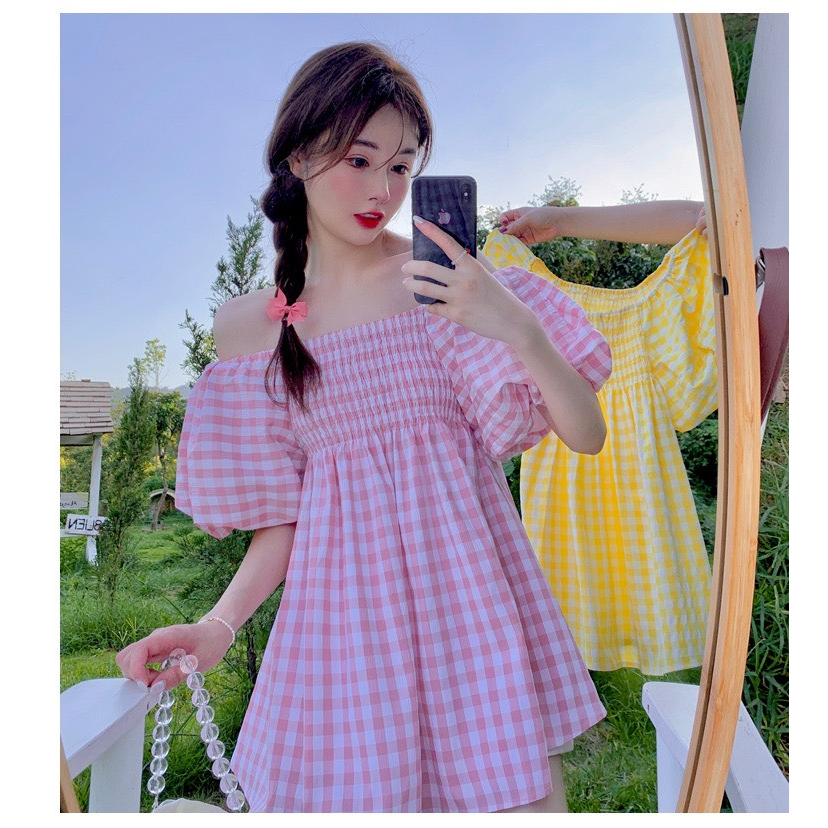 Váy ngắn tay cổ vuông trễ vai tay bồng, Đầm nữ đi chơi kiểu hàn basic kẻ ô vuông thời trang Chouchou Deliz | BigBuy360 - bigbuy360.vn