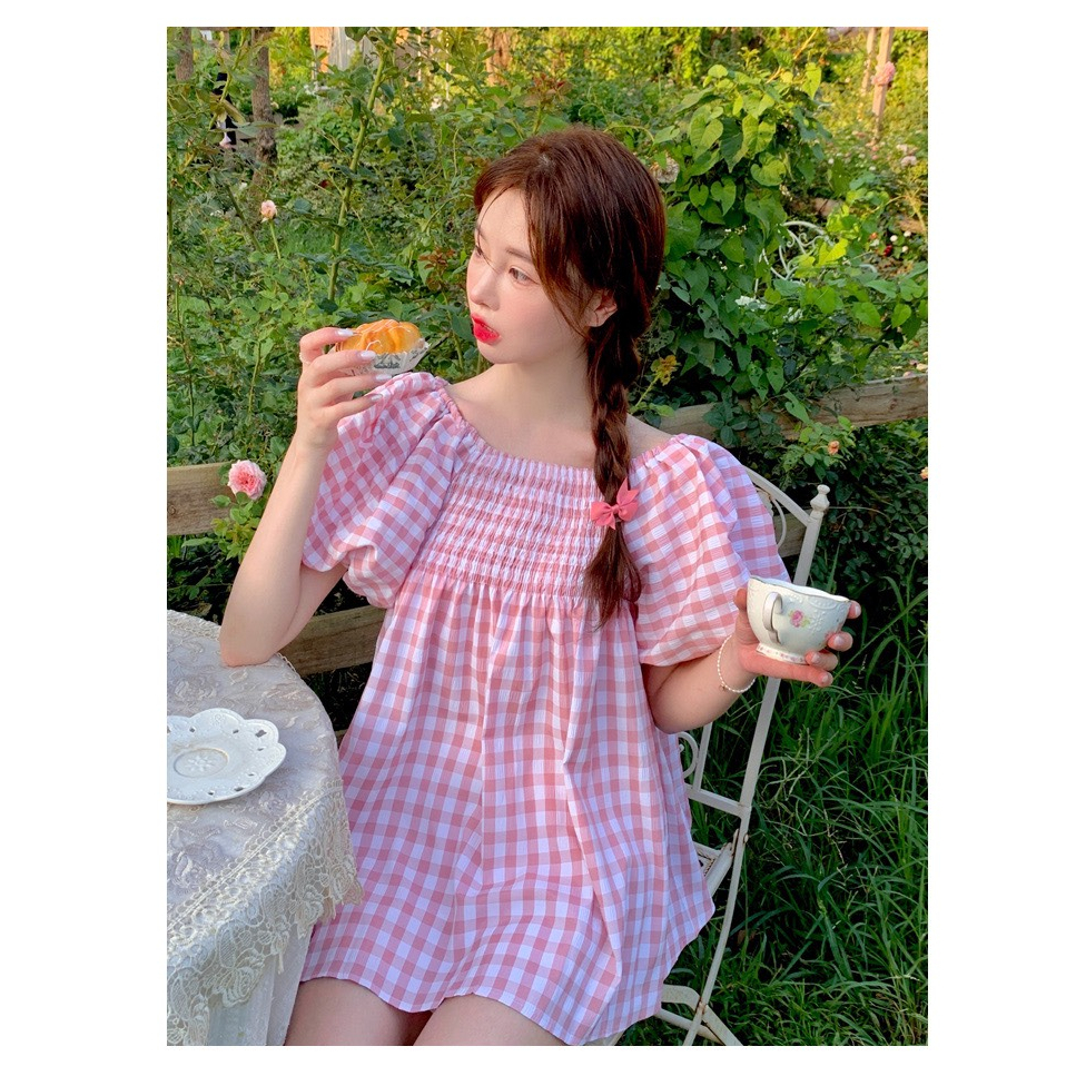 Váy ngắn tay cổ vuông trễ vai tay bồng, Đầm nữ đi chơi kiểu hàn basic kẻ ô vuông thời trang Chouchou Deliz | BigBuy360 - bigbuy360.vn