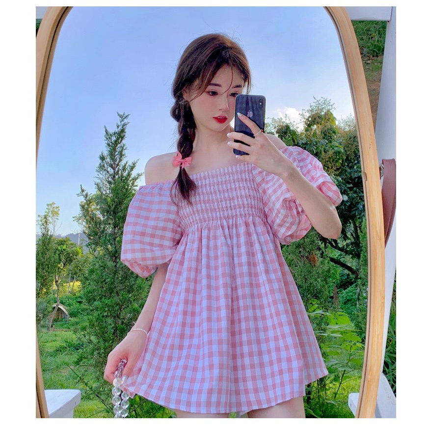 Váy ngắn tay cổ vuông trễ vai tay bồng, Đầm nữ đi chơi kiểu hàn basic kẻ ô vuông thời trang Chouchou Deliz | BigBuy360 - bigbuy360.vn