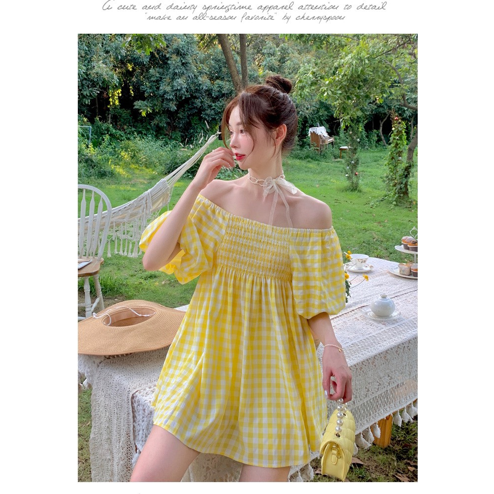 Váy ngắn tay cổ vuông trễ vai tay bồng, Đầm nữ đi chơi kiểu hàn basic kẻ ô vuông thời trang Chouchou Deliz | BigBuy360 - bigbuy360.vn