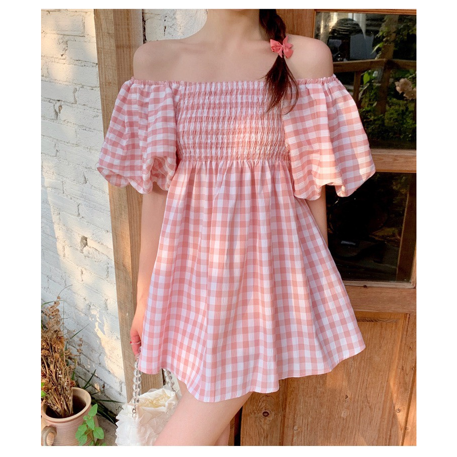 Váy ngắn tay cổ vuông trễ vai tay bồng, Đầm nữ đi chơi kiểu hàn basic kẻ ô vuông thời trang Chouchou Deliz | BigBuy360 - bigbuy360.vn