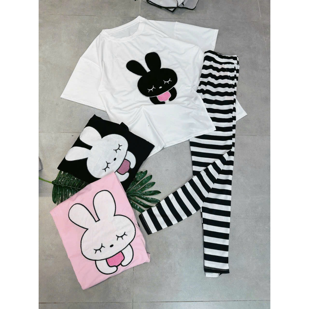 [5,5 Sales Freeship] Set bộ áo thun from rộng in thỏ mix quần ôm dài kẻ sọc,bộ thun from in hình xẻ tà dễ thương mtb