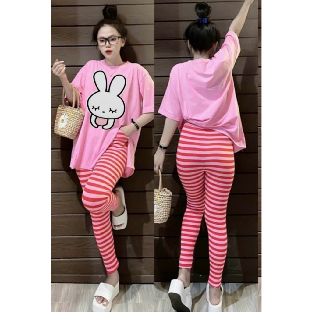 [5,5 Sales Freeship] Set bộ áo thun from rộng in thỏ mix quần ôm dài kẻ sọc,bộ thun from in hình xẻ tà dễ thương mtb
