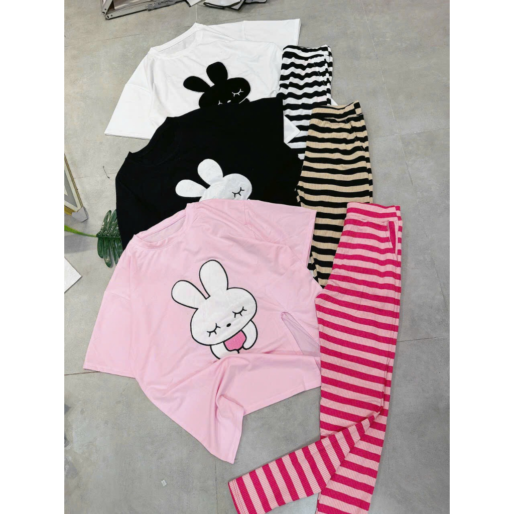 [5,5 Sales Freeship] Set bộ áo thun from rộng in thỏ mix quần ôm dài kẻ sọc,bộ thun from in hình xẻ tà dễ thương mtb