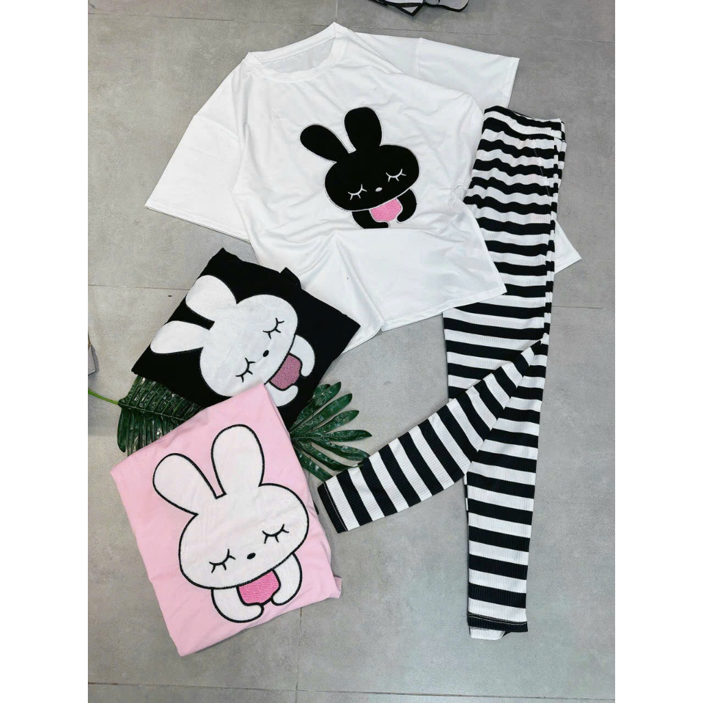 [5,5 Sales Freeship] Set bộ áo thun from rộng in thỏ mix quần ôm dài kẻ sọc,bộ thun from in hình xẻ tà dễ thương mtb