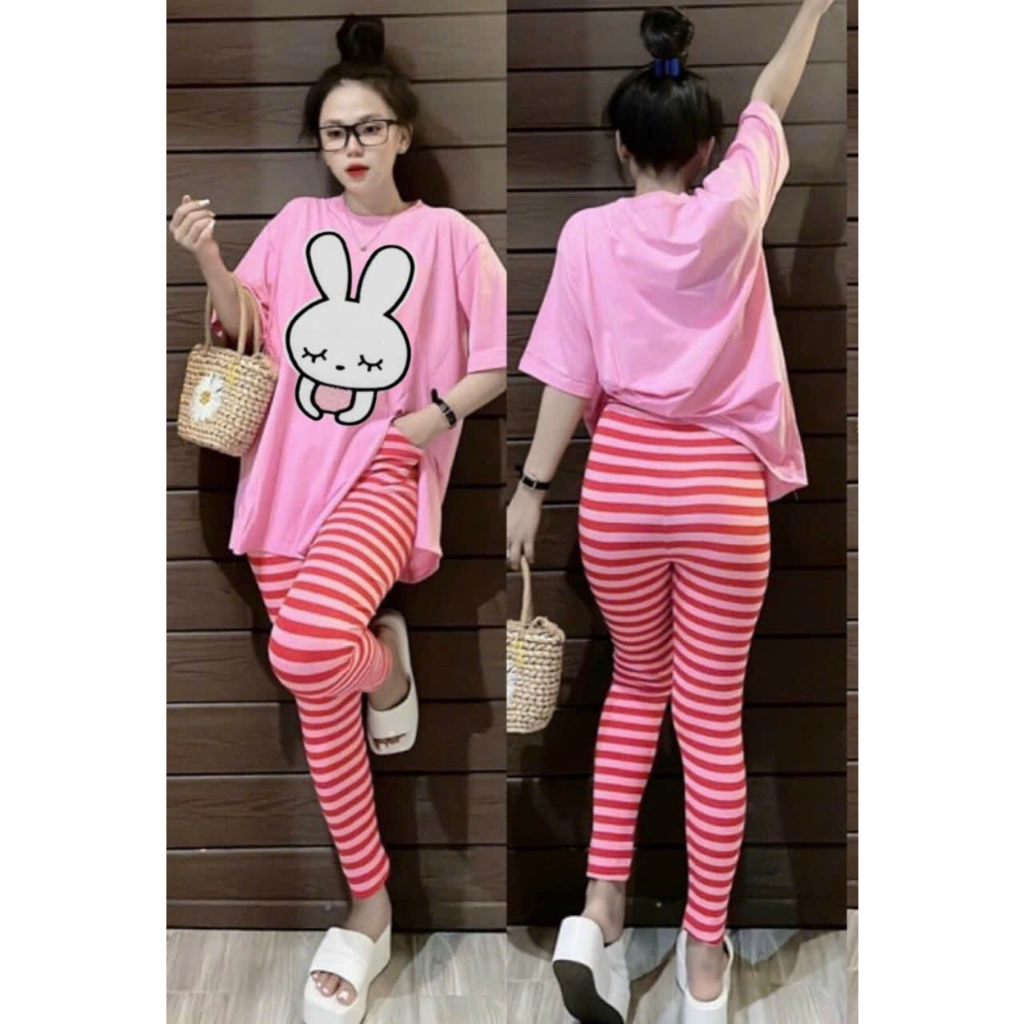 [5,5 Sales Freeship] Set bộ áo thun from rộng in thỏ mix quần ôm dài kẻ sọc,bộ thun from in hình xẻ tà dễ thương mtb