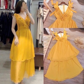 🌺dtb234291132 đầm maxi vàng tầng cổ bèo🌺