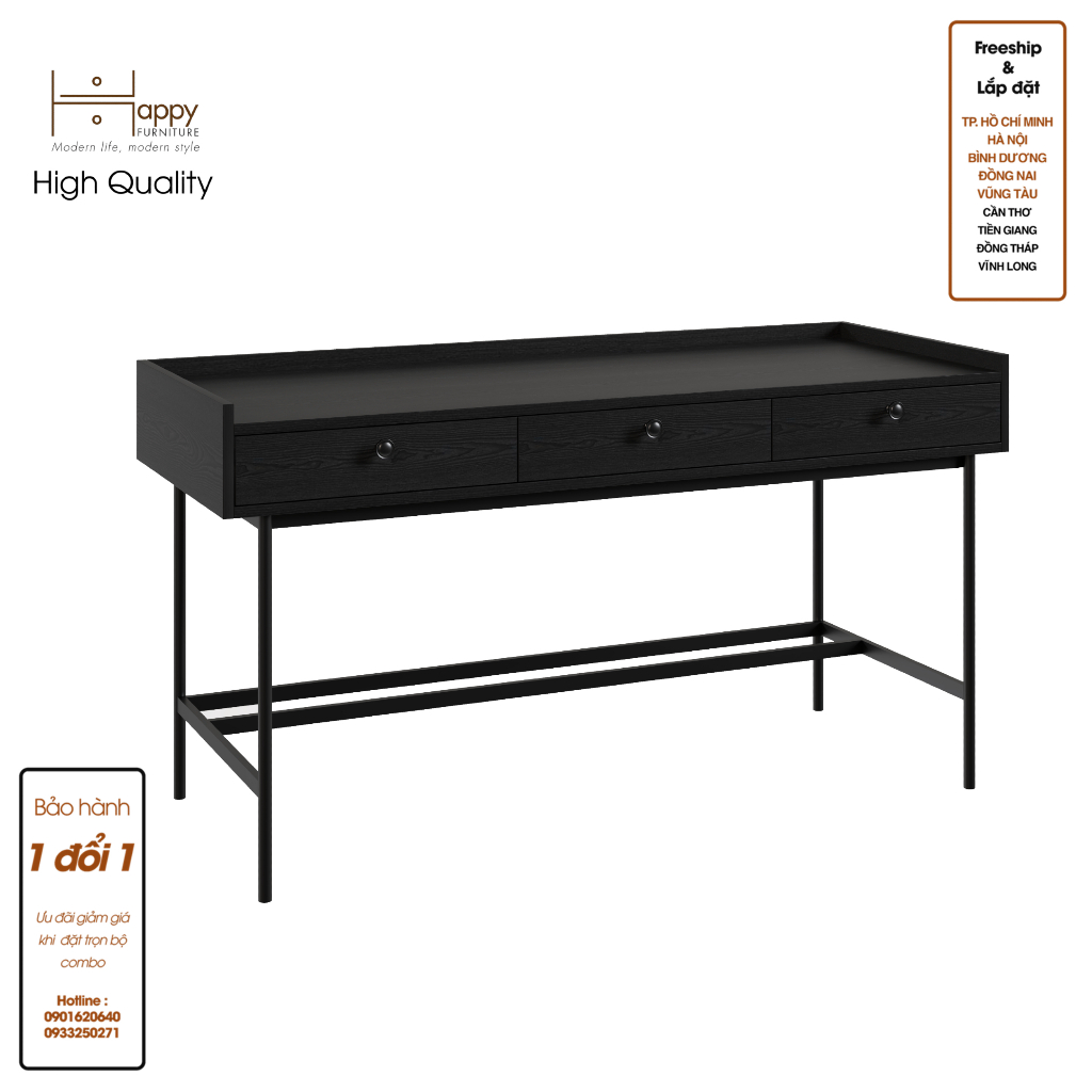 HAPPY FURNITURE , Bàn làm việc 3 ngăn chân sắt - KINA , BAN_041 , 140cm x 55cm x 75cm