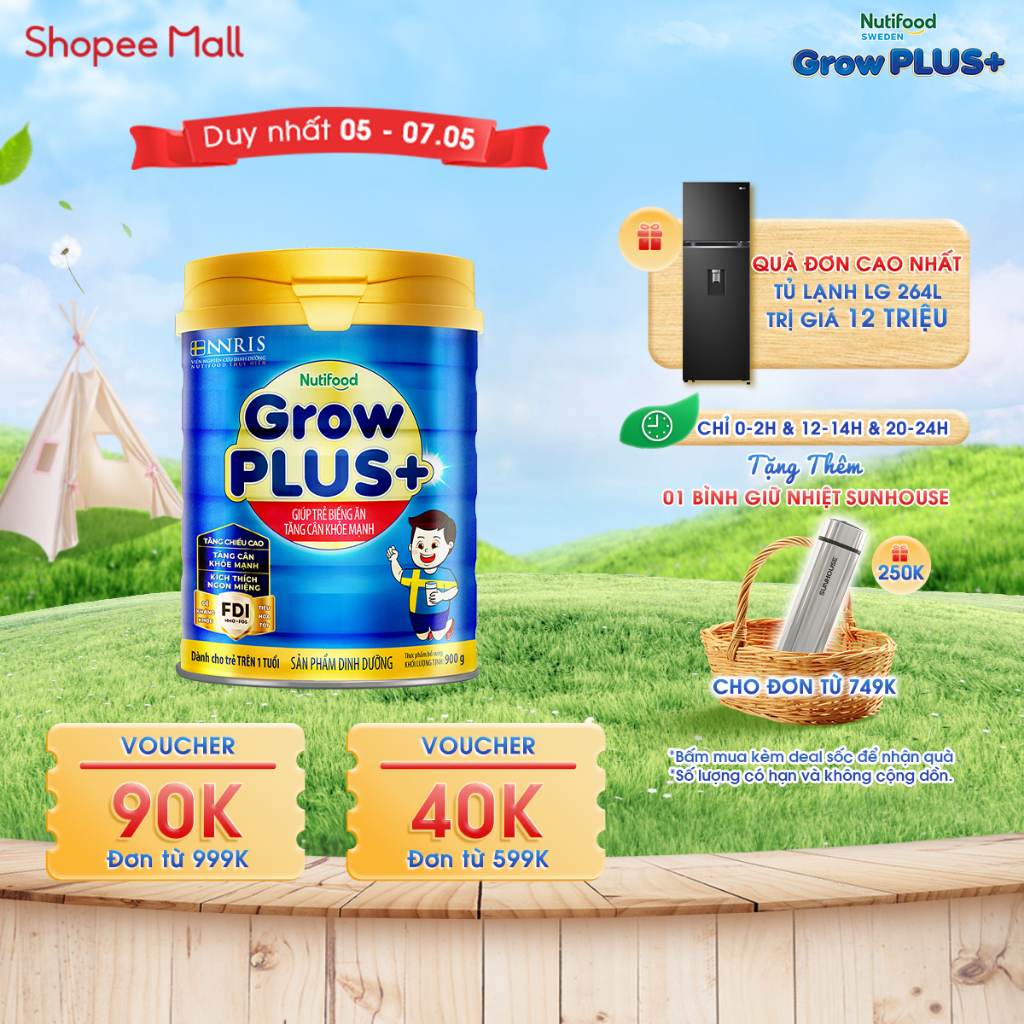 Sữa Bột Nutifood GrowPLUS+ Biếng Ăn 900g - Trên 1 Tuổi - Tăng Cân Khỏe Mạnh (Lon 900g)