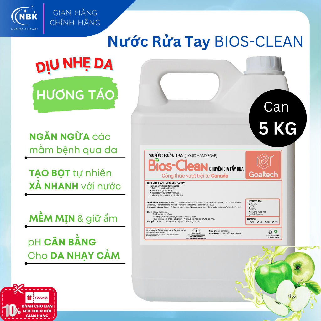 Nước Rửa Tay Mềm Mịn, Dịu Nhẹ, Giữ Ẩm Da Tay - Xà Phòng Rửa Tay Tạo Bọt BIOS Hương Táo Can 5 KG