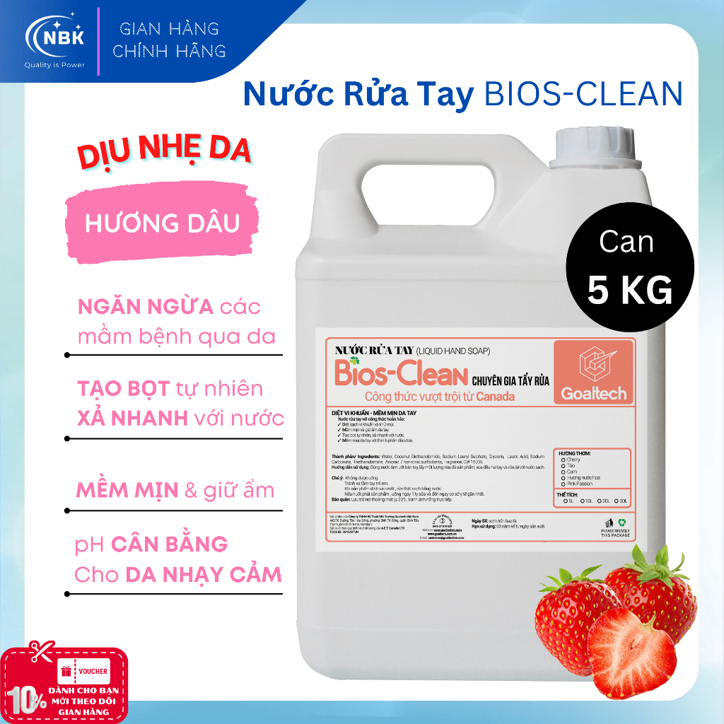 Nước Rửa Tay Mềm Mịn, Dịu Nhẹ, Giữ Ẩm Da Tay - Xà Phòng Rửa Tay Tạo Bọt BIOS Hương Dâu Can 5 KG