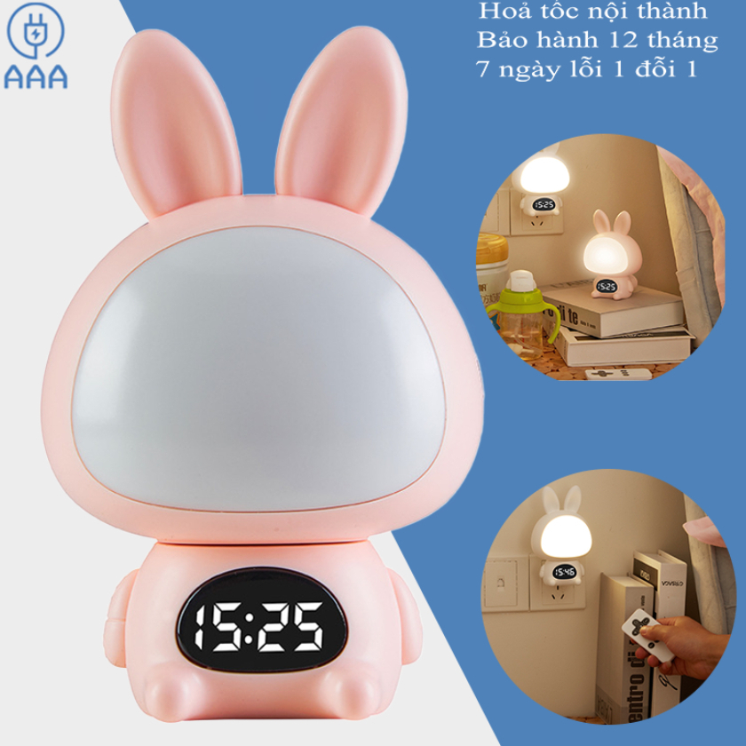 Đèn ngủ điều khiển từ xa kết hợp đồng hồ xem giờ hình con thỏ có chức năng hẹn giờ, 3 chế độ sáng dung lượng