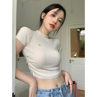 Áo croptop cộc tay cổ tròn nhún eo YIMI chất len tăm dày dặn