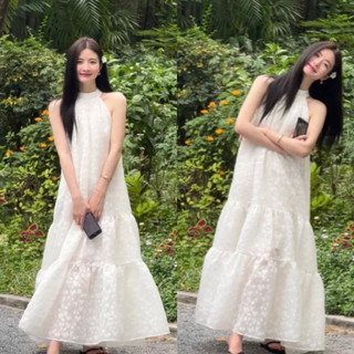 [Ảnh thật] Đầm maxi trắng cổ yếm sát nách form xòe babydoll dài hàng thiết kế may 2 lớp