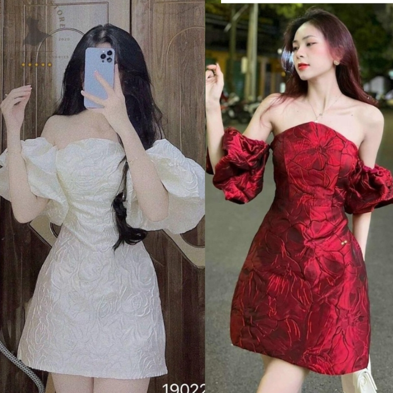 Đầm dự tiệc gấm trễ vai cúp ngực tay bồng dài trên gối kèm mút ngực chuẩn hàng thiết kế