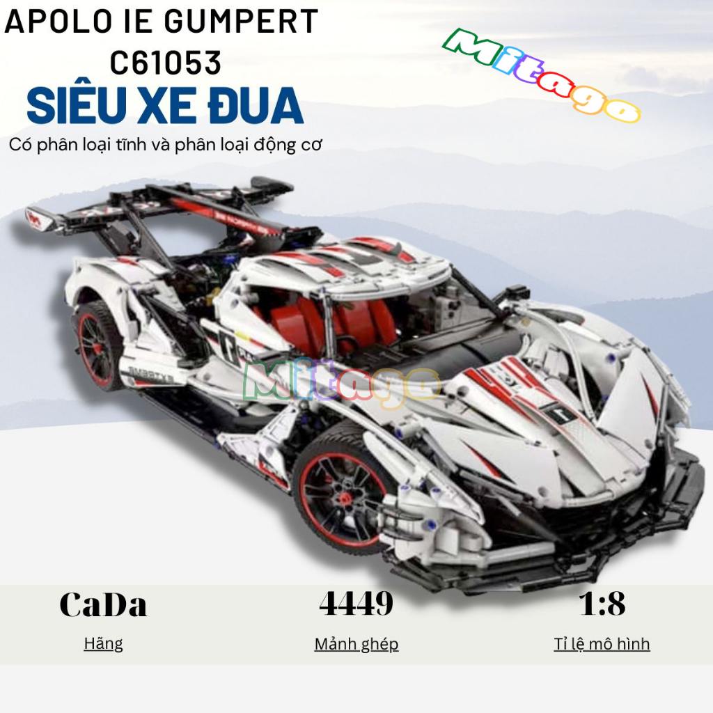 Mô hình (CÓ ĐỘNG CƠ) lắp ráp siêu xe technic Gumpert Apollo IE V12 HyPerCar tỉ lệ 1:8 SKU C61053 4449 chi tiết mảnh ghép