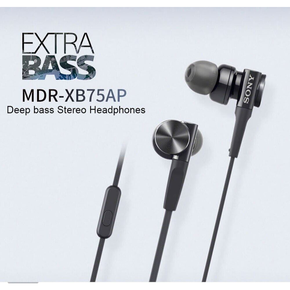 SONY MDR XB75AP với tai nghe bass 3.5mm được gắn với tai nghe âm thanh được gắn với micro