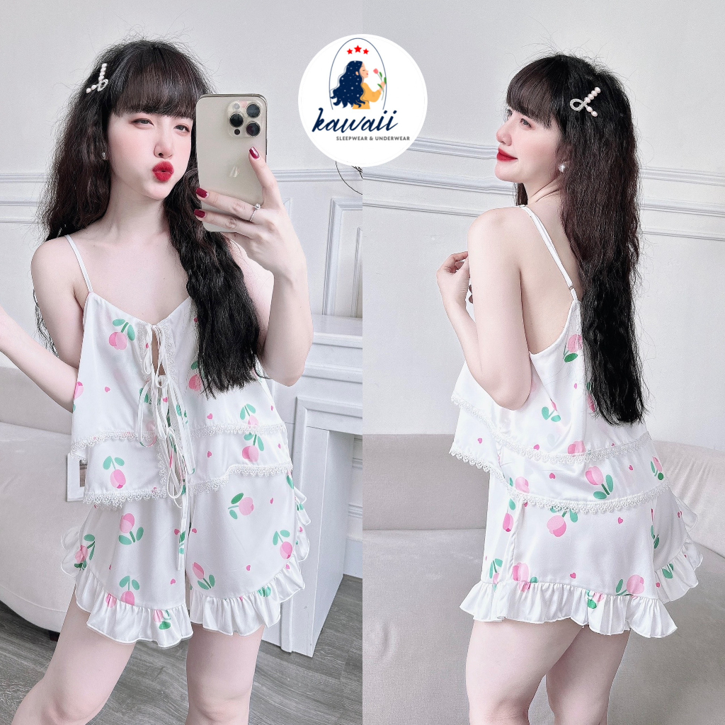 Đồ Ngủ Lụa Latin Sexy 40-65kg, Đồ Bộ Nữ Latin Phối Ren 2 Tầng Tháng Mát, Đồ ngủ 2 dây gợi cảm