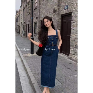 Váy cici 2 dây jeans bản to 2 túi nắp ngực thân dài