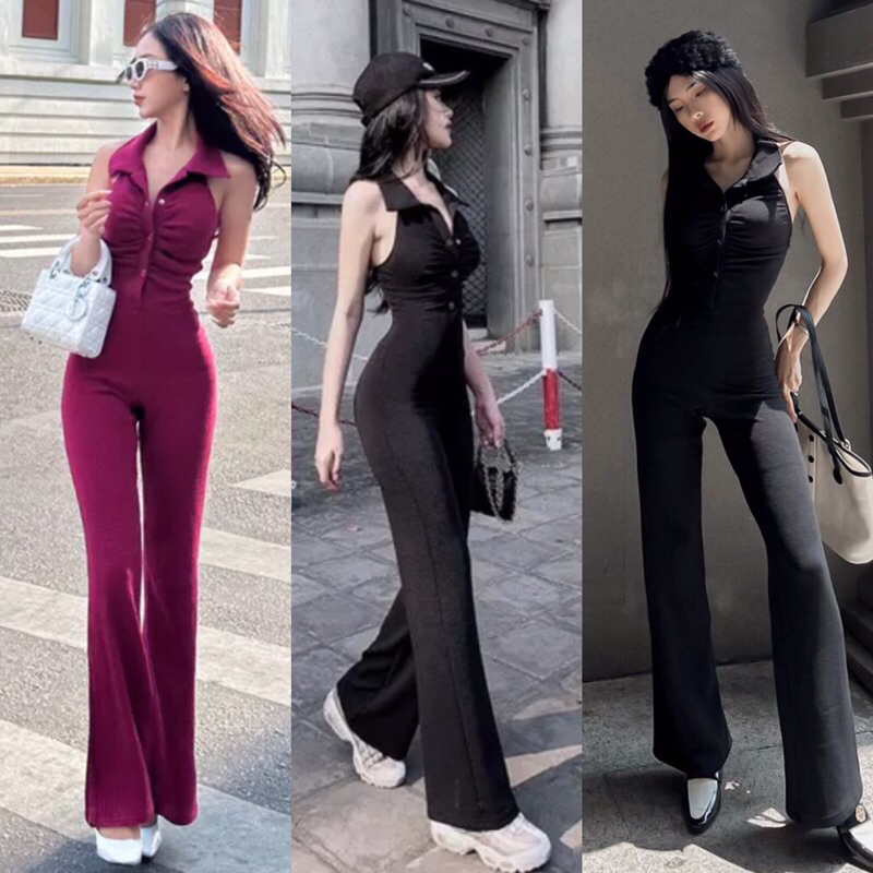 (Hình thật sản phẩm ) Jumpsuit dài thiết kế sexy cổ bẻ ống loe dài sành điệu Yn Hm2tboutique