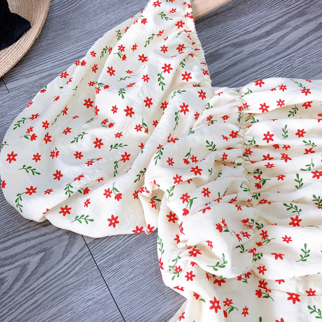 Đầm xoè hoa nhí đỏ nhún ngực tay phồng BIGSIZE 55 - 100kg D879