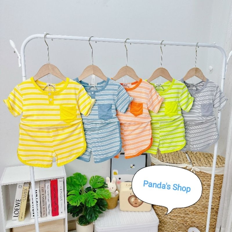 Bộ ngắn tay sọc dệt, cổ trụ nút gài (túi thật) minkymom