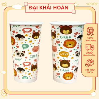 (Set 100)  Ly Giấy In Sẵn Hình Thú Cưng 22oz – 650ml Có Nắp | Ly giấy Café |Cốc giấy đựng nóng và lạnh