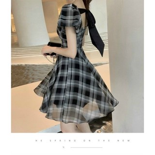 🌺dtb234291424 đầm xòe bẹt vai caro tay bồng nơ lưng🌺