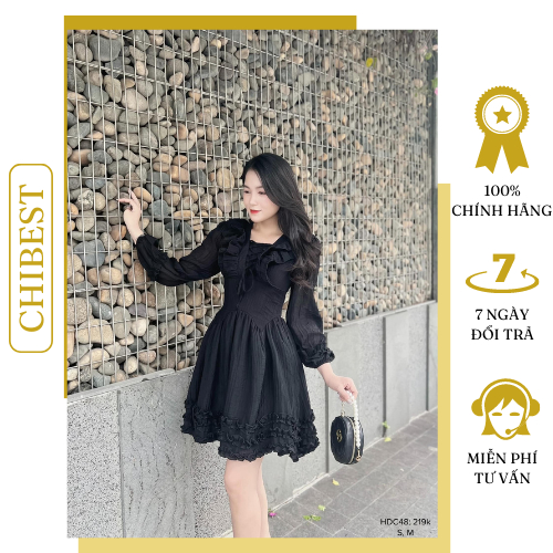 Đầm tơ gân line bèo tầng tay dài tiểu thư bánh bèo CHIBEST HDC48