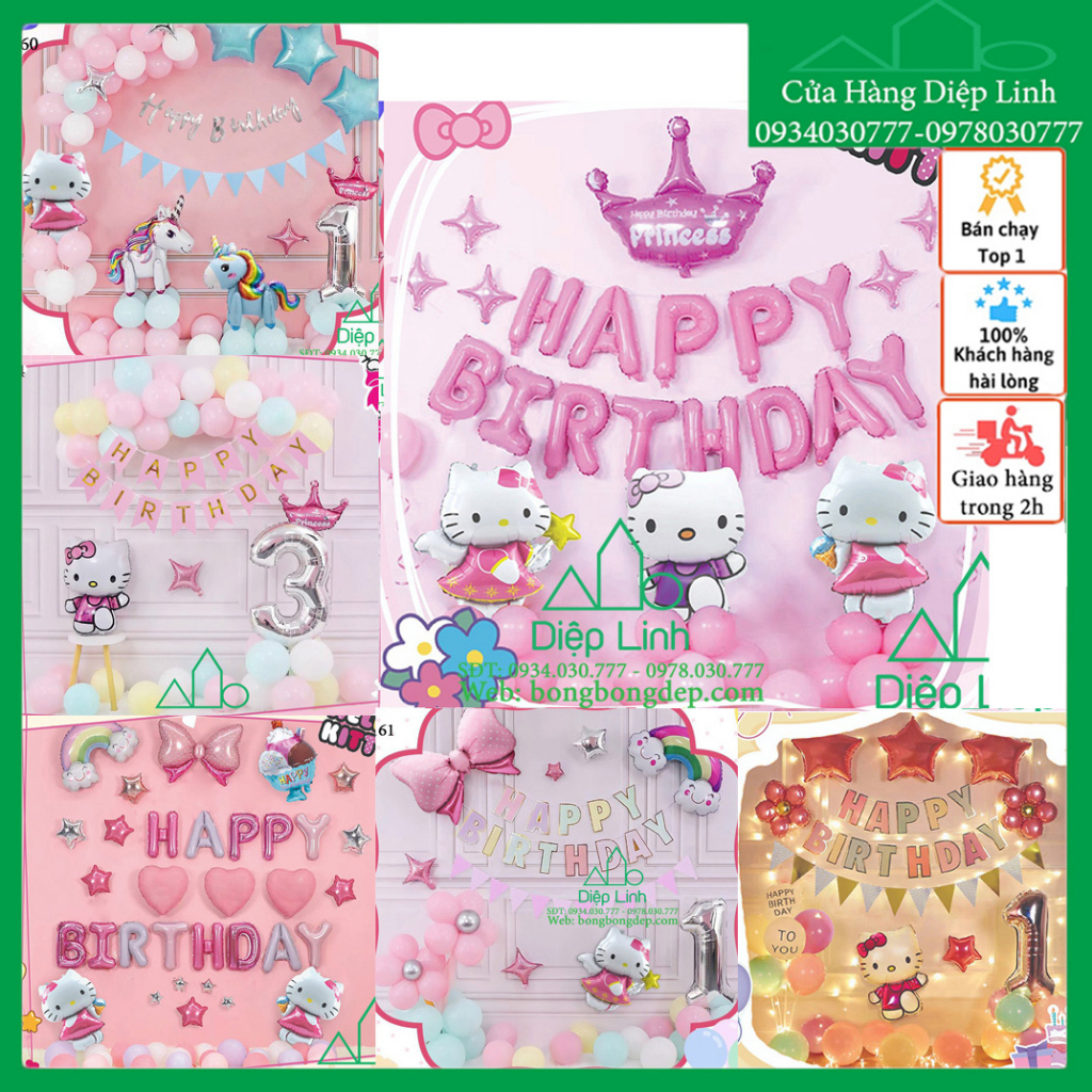 Set bong bóng trang trí tiệc sinh nhật chủ đề mèo Hello Kitty cho bé gái