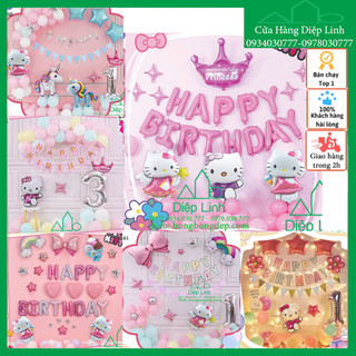 Set bong bóng trang trí tiệc sinh nhật chủ đề mèo Hello Kitty cho bé gái