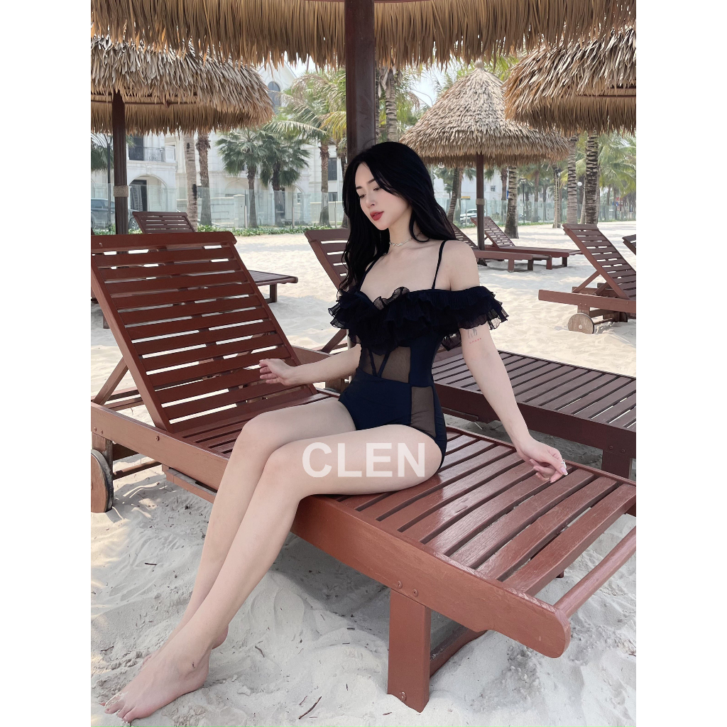 Bikini vải thun lạnh phối voan trễ vai