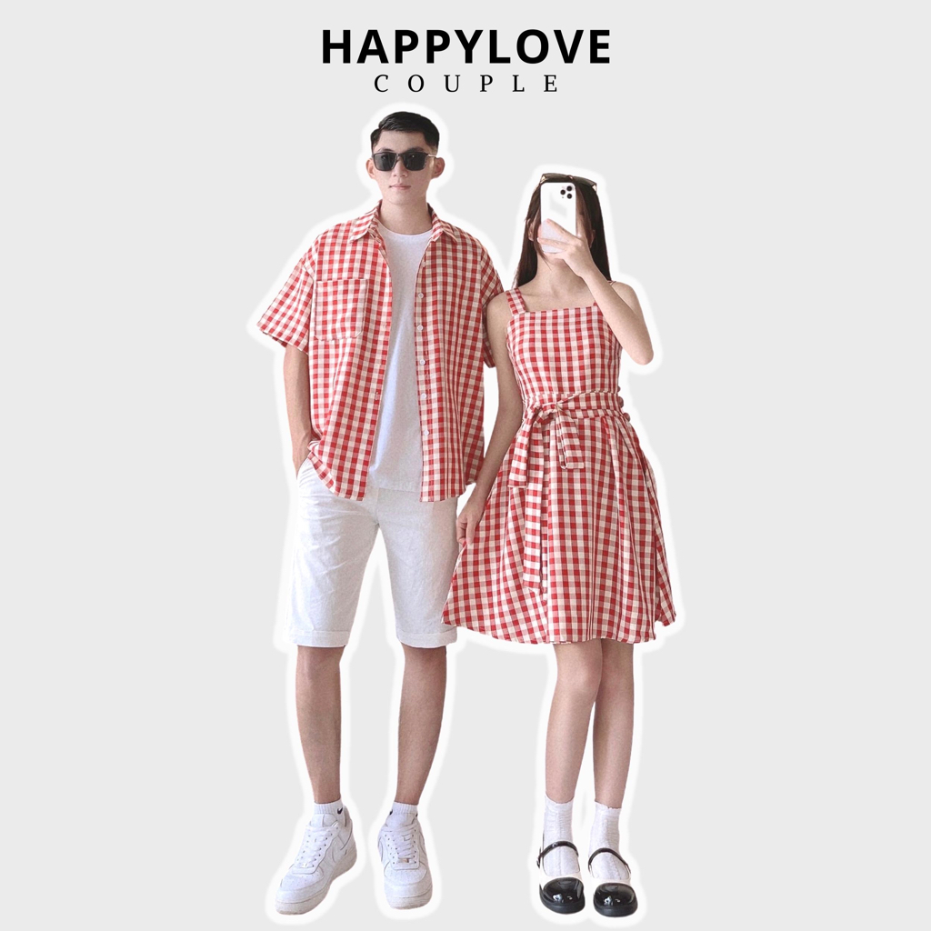 Đồ cặp đôi nam nữ set sơ mi nam váy hai dây nữ couple HAPPYLOVE màu đỏ trắng kẻ sọc caro M041