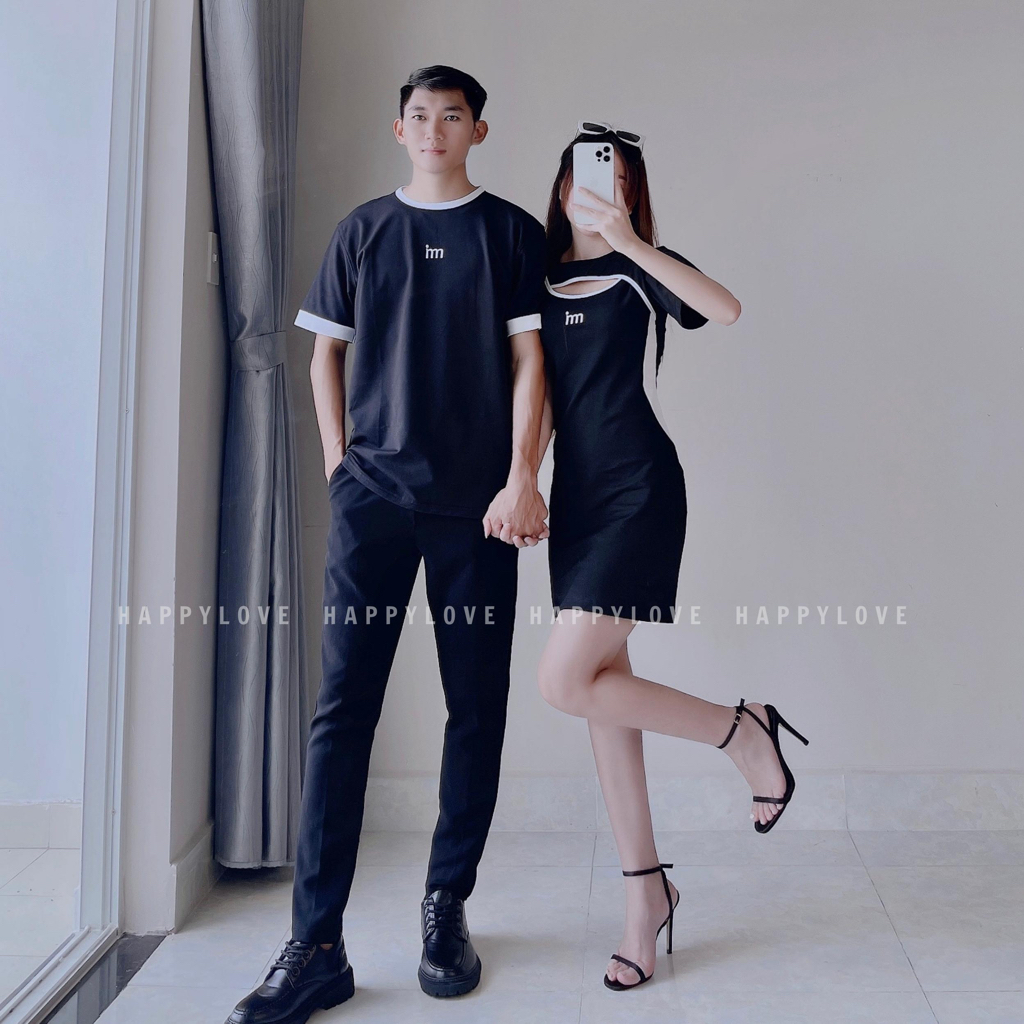 Đồ cặp nam nữ set áo váy đôi mùa hè màu đen HAPPYLOVE chất đẹp thời trang couple M046